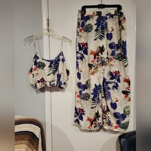 SHEIN Cream Floral Jumpsuit with Blue and Red Accents